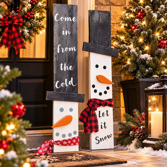 HANDMADE RUSTIC WOODEN SNOWMAN PORCH SIGNS – SET OF 2