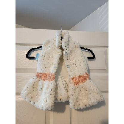 Little Lass Girls Faux Fur Vest With Rhinestones & Floral Accents Size 24M White & Pink