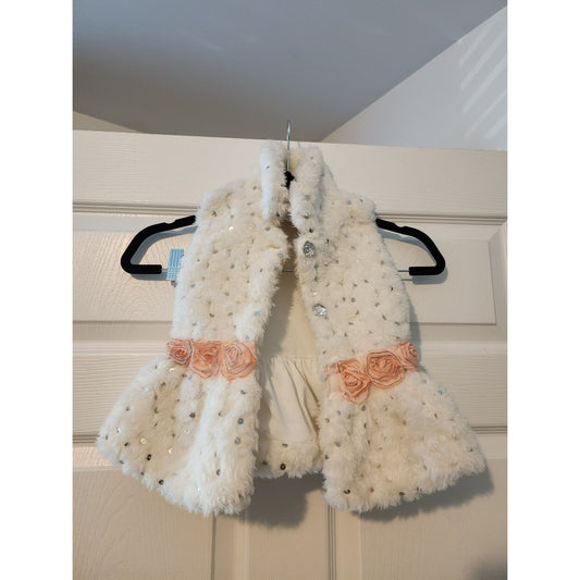 Little Lass Girls Faux Fur Vest With Rhinestones & Floral Accents Size 24M White & Pink