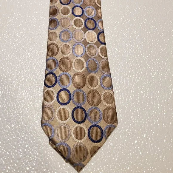Arrow USA 1851 Mens Silk Tie Beige With Blue & Tan Circular Pattern