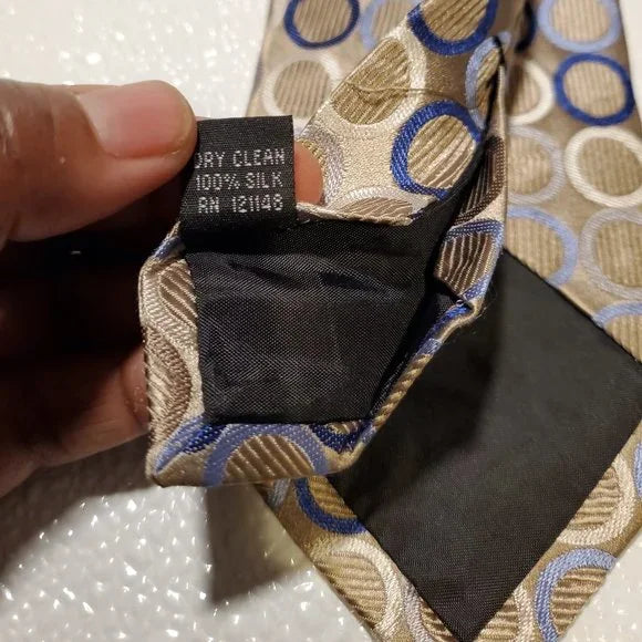 Arrow USA 1851 Mens Silk Tie Beige With Blue & Tan Circular Pattern