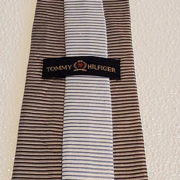 Tommy Hilfiger Mens Silk Brown & White Striped Neck Tie