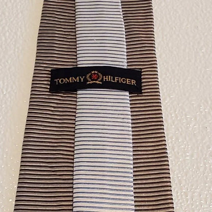 Tommy Hilfiger Mens Silk Brown & White Striped Neck Tie