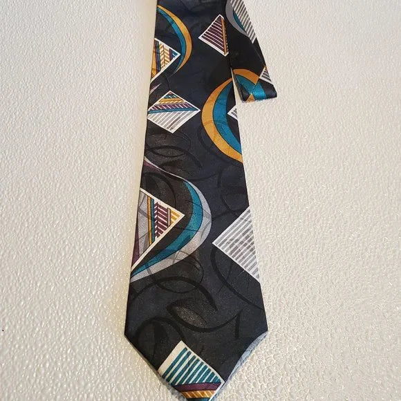 Vintage Wembley Geometric Pattern Mens Tie In Black With Gold Teal & Purple