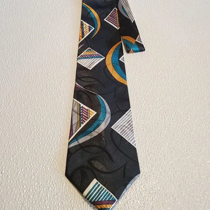 Vintage Wembley Geometric Pattern Mens Tie In Black With Gold Teal & Purple
