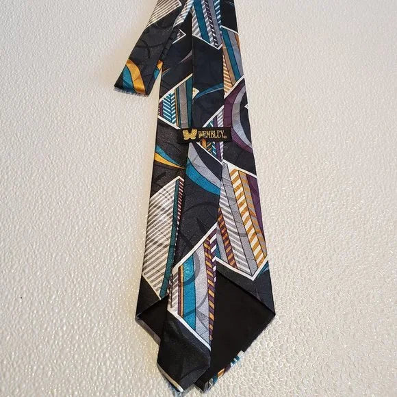 Vintage Wembley Geometric Pattern Mens Tie In Black With Gold Teal & Purple