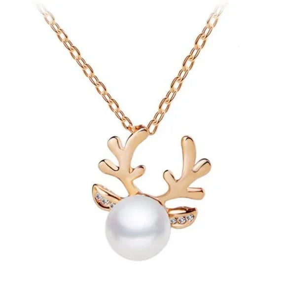Reindeer Antler Necklace With Faux Pearl Pendant In Faux Gold Plating