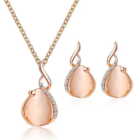 Wedding Crystal Teardrop Opal Necklace Set (Zirconia Pink)