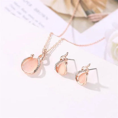 Wedding Crystal Teardrop Opal Necklace Set (Zirconia Pink)